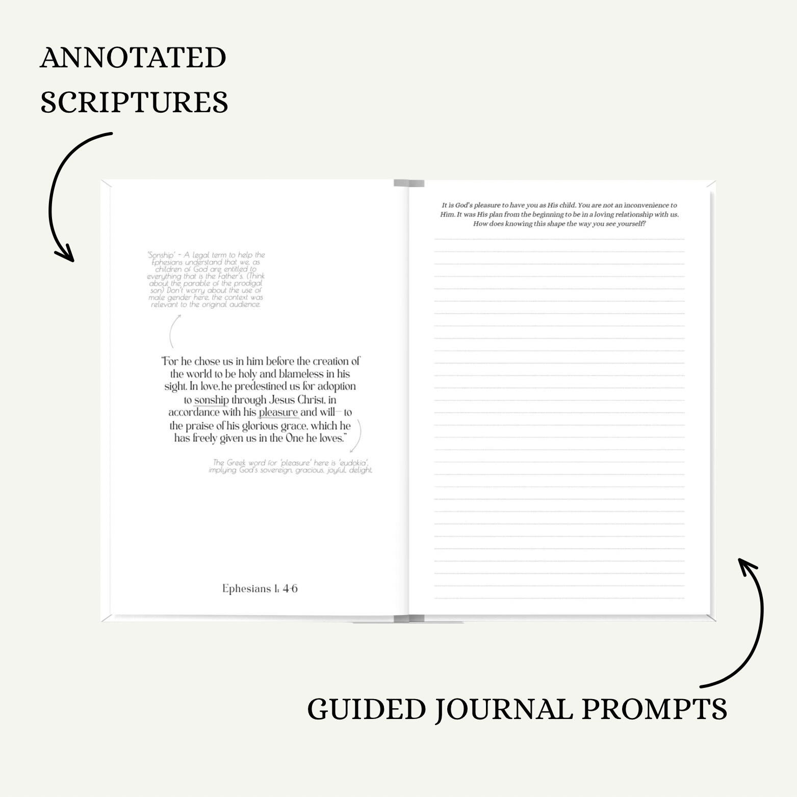 Flay lay of She Believed Identity Journal annotated scripture